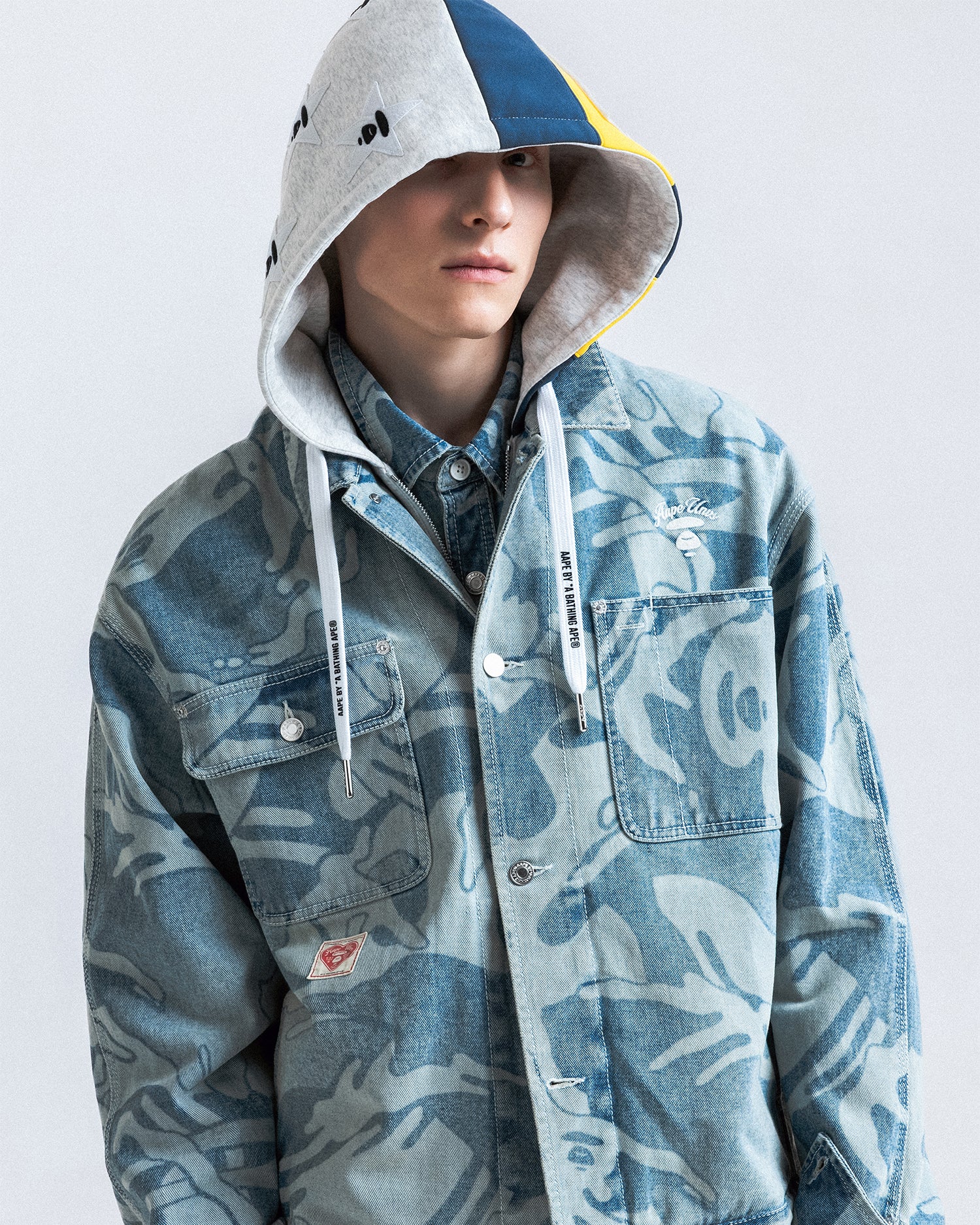 AAPE AAPEUNVS moonface hooded camo denim jacket | Aape official