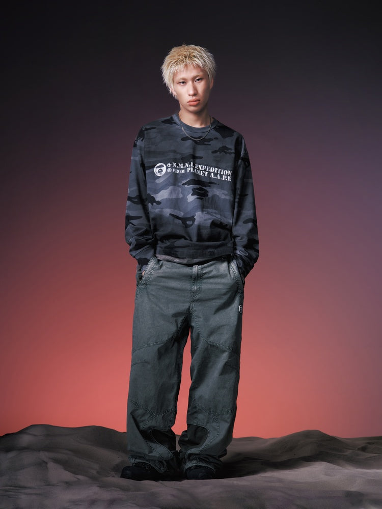 X NOMANUAL Moonface カモフラージュ クルーネック ロングTシャツ
