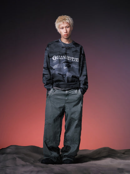 X NOMANUAL Moonface カモフラージュ クルーネック ロングTシャツ