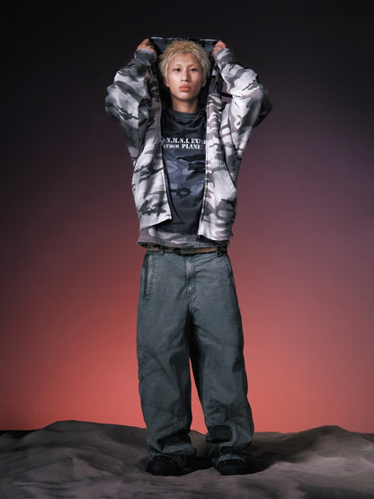 X NOMANUAL Moonface カモフラージュ クルーネック ロングTシャツ